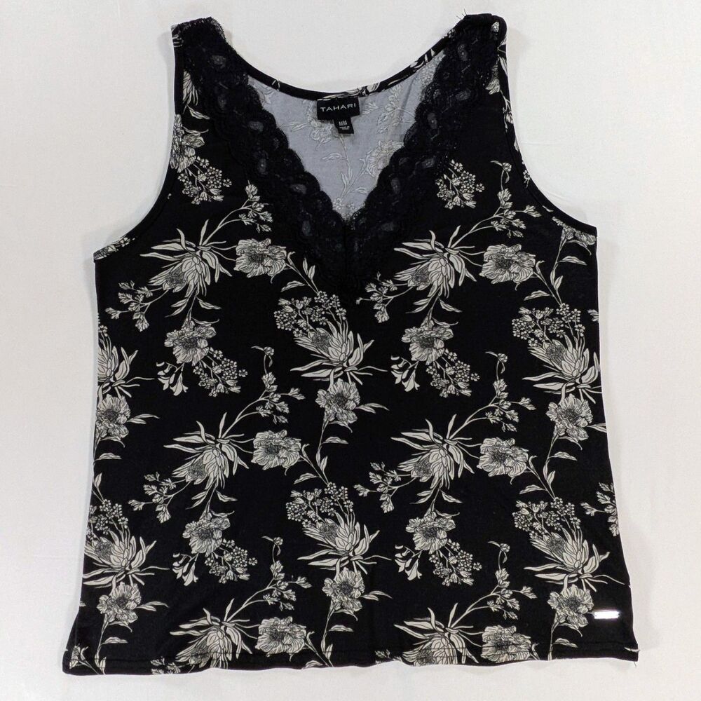 Tahari Sleeveless Tank Crochet Trim Black White Floral Womens Medium Whimsigoth
